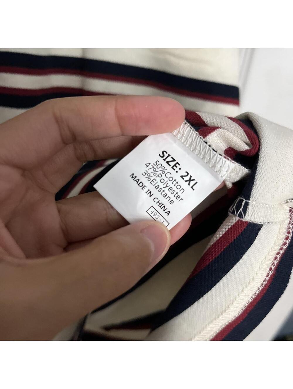 Beige Red Navy Striped Oversized Polo Shirt - Picture 2 of 2